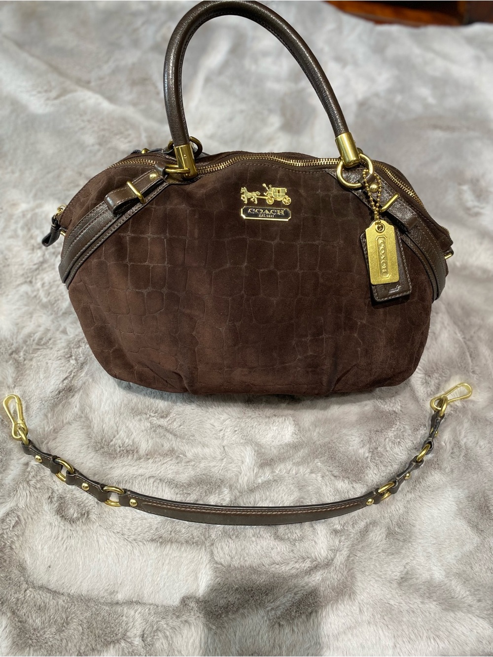 COACH Chocolate Brown Crocodile-Embossed Suede Satchel with Gold Hardware